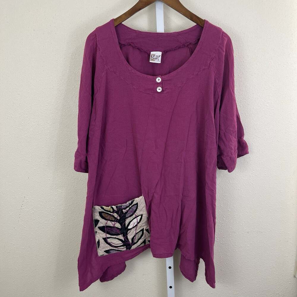 Oh My Gauze Tunic Womens 2 L/XL Patchwork Pocket Art To Wear Lagenlook Magenta